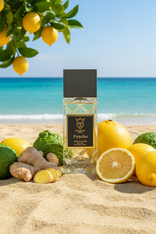 Luxury oud perfume bottle on sandy beach with lemons, ginger, and ocean background
