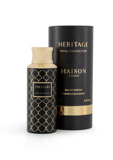 Luxury Arabian oud perfume bottle and packaging, black and gold Royal Collection design.