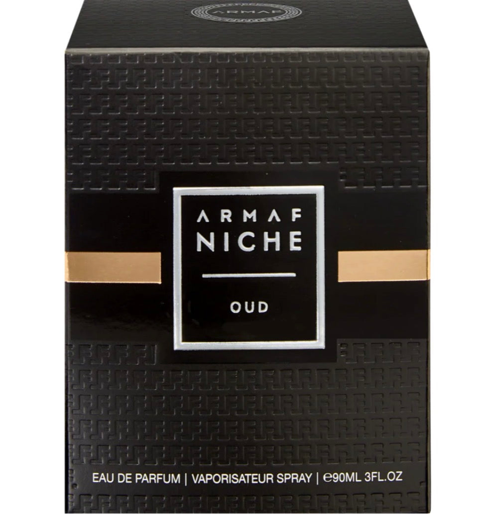 Black Armaf Niche Oud perfume box with gold accents, 90ml eau de parfum