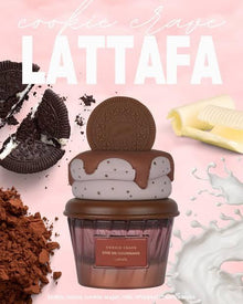 Lattafa Cookie Crave perfume bottle styled with chocolate cookies, cocoa, butter, and milk splash.
