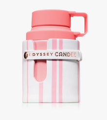 Pink and white striped perfume bottle with handle and 'ODYSSEY CANDEE' label