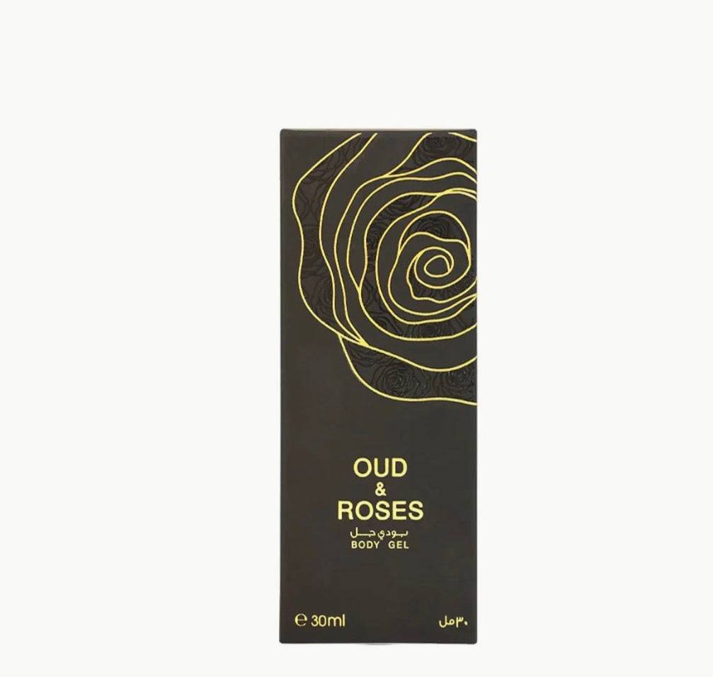 Black and gold packaging of Oud & Roses body gel on a white background
