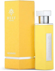 Yellow REEF Summer perfume bottle and box, luxury Arabian fragrance product.