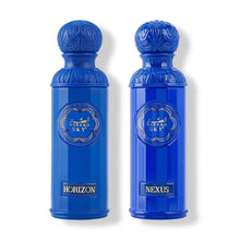 Two blue Arabian oud perfume bottles labeled Gissah Sky Horizon and Nexus on white background.
