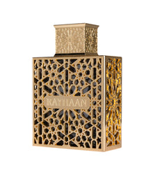 Rayhaan Arabian oud perfume bottle with intricate gold geometric pattern