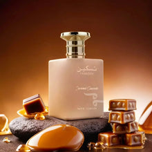 Luxurious Caramel Cascade Arabian oud perfume bottle with caramel pieces and syrup.