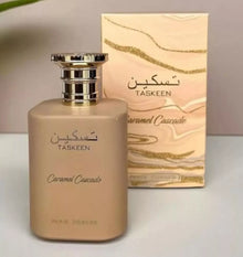 Taskeen Caramel Cascade perfume bottle with matching beige and gold marbled box