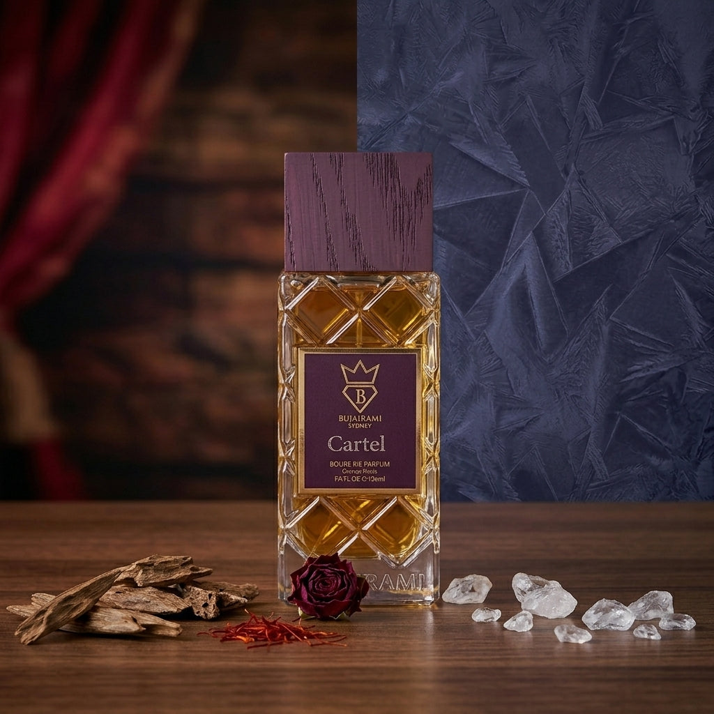 Bujairami Cartel 100ml Extrait de Parfum bottle highlighting rich leather, dark spices, and woody notes