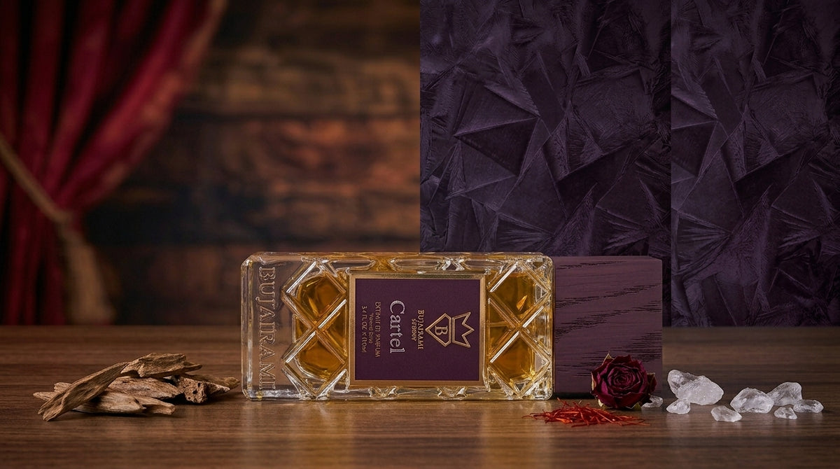 Bujairami Cartel 100ml Extrait de Parfum bottle highlighting rich leather, dark spices, and woody notes
