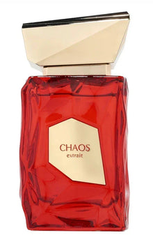 Chaos Extrait perfume in a faceted red glass bottle with gold geometric cap and label