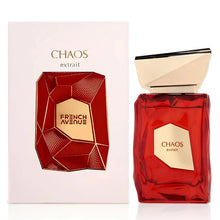Red geometric perfume bottle with gold cap and box labeled Chaos Extrait by French Avenue