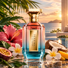 Selene Eau de Parfum perfume bottle with a luxurious tropical sunset background