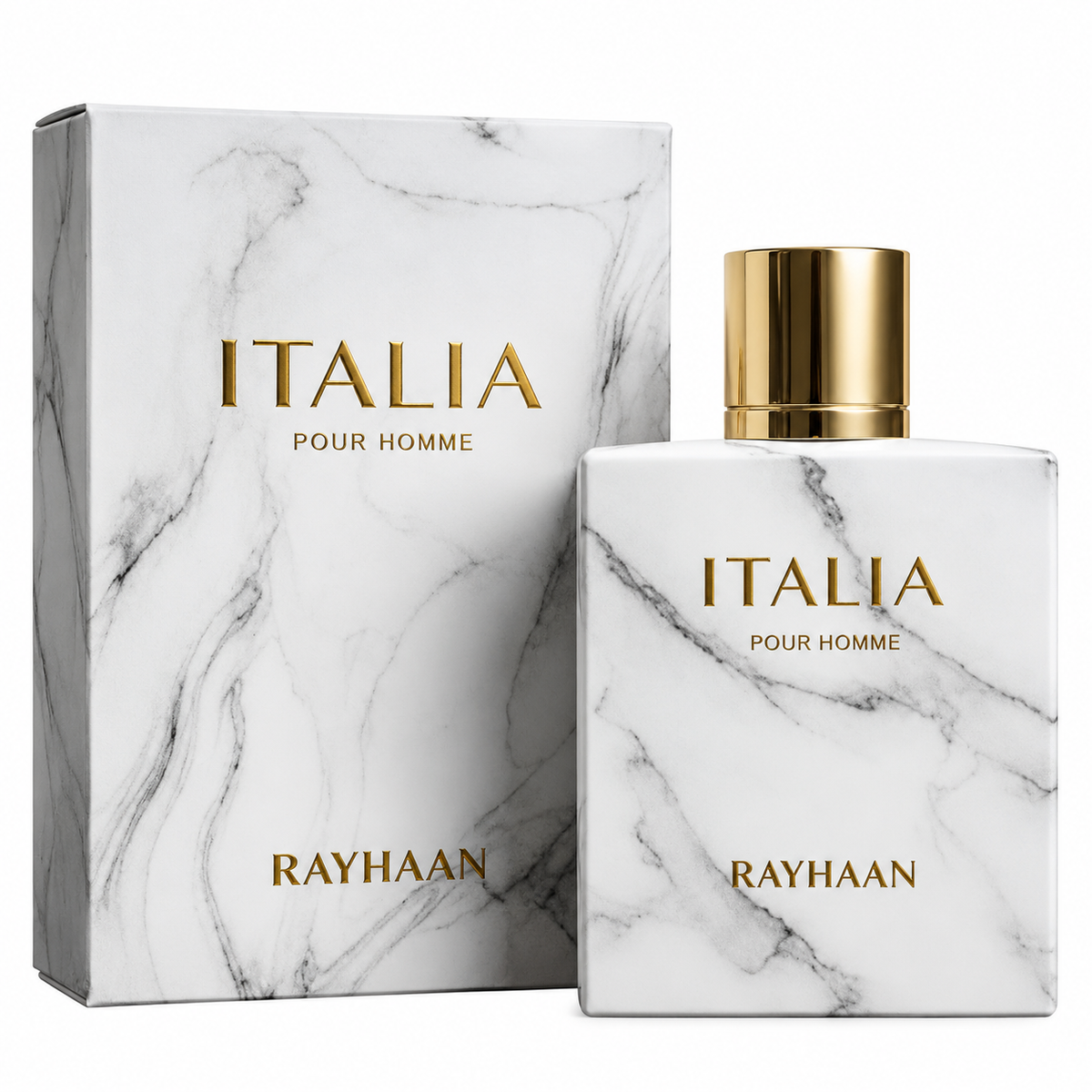 Rayhaan Italia Eau de Parfum 100ml bottle highlighting notes of lavender, bergamot, golden honey, cinnamon, and tobacco leaf
