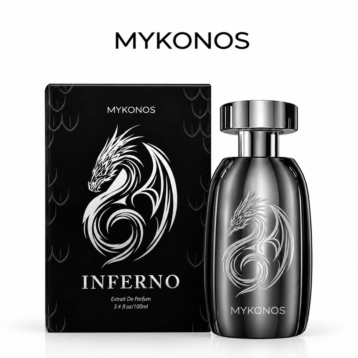 Mykonos Inferno Extrait de Parfum 100ml bottle highlighting notes of caramelized pineapple, blackcurrant, spices, patchouli, and oakmoss