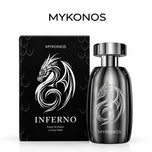 Mykonos Inferno Extrait de Parfum 100ml bottle highlighting notes of caramelized pineapple, blackcurrant, spices, patchouli, and oakmoss