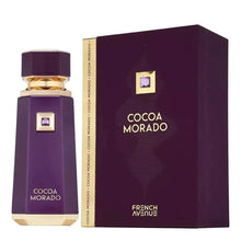 Cocoa Morado perfume bottle and box in purple with gold accents, luxury fragrance display