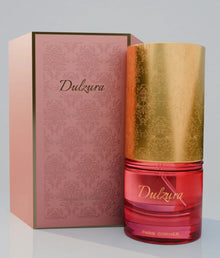 Dulzura Arabian oud perfume bottle with gold floral cap and pink box, Paris Corner