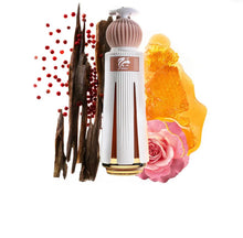 Elegant oud perfume bottle with rose, honey, pink pepper, and wood notes on white background.