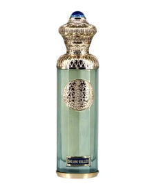 Dream Valley Arabian oud perfume bottle with gold ornate cap and light blue glass