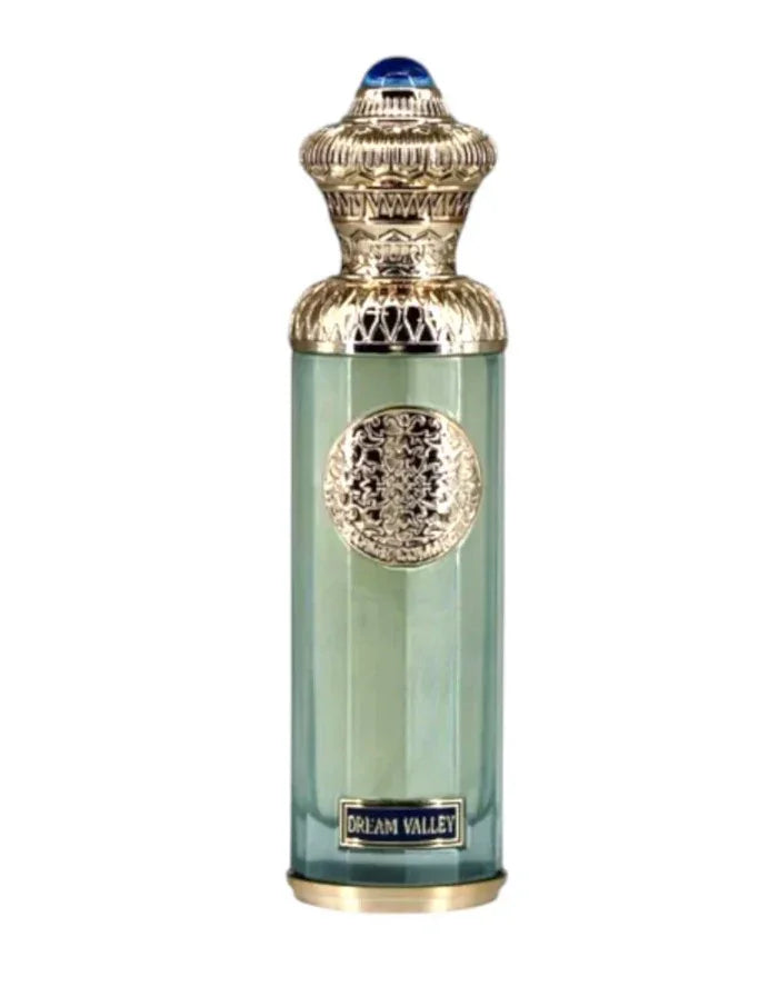Dream Valley Arabian oud perfume bottle with gold ornate cap and light blue glass