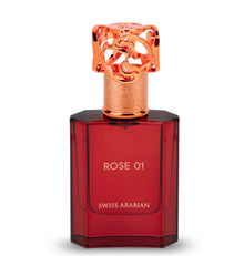 Red glass bottle of Rose 01 Swiss Arabian Arabian oud perfume with decorative gold cap