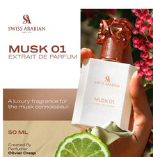 Swiss Arabian Musk 01 parfum bottle with metallic cap, fresh lime, pink berries, and floral accents