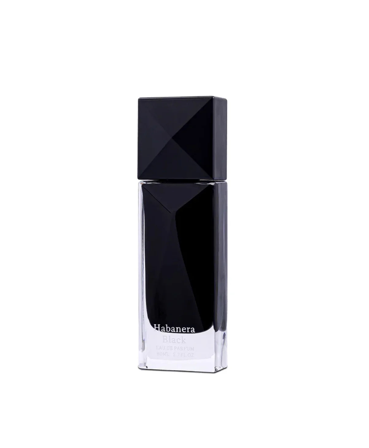 Habanera Black eau de parfum bottle with geometric black cap on white background
