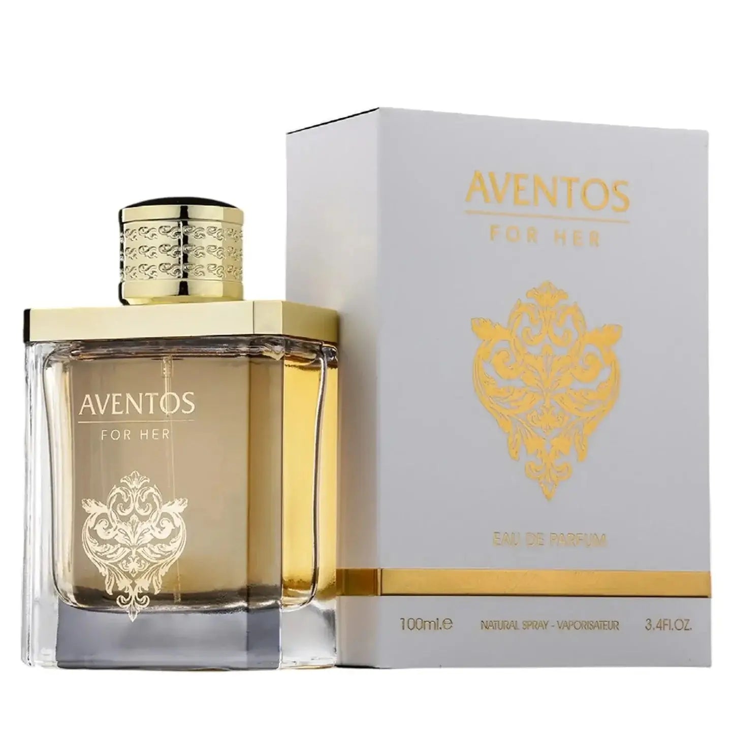 Aventos for Her 100ml EDP perfume bottle with gold accents and floral design, in white box, luxury women's fragrance