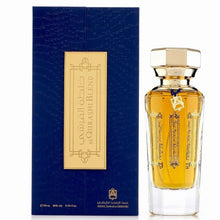 Luxury Arabian oud perfume bottle and blue gold gift box, Al Qurashi Blend, 90ml.