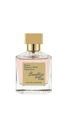 Barakkat Gentle Gold eau de parfum in a clear glass bottle with gold cap and label