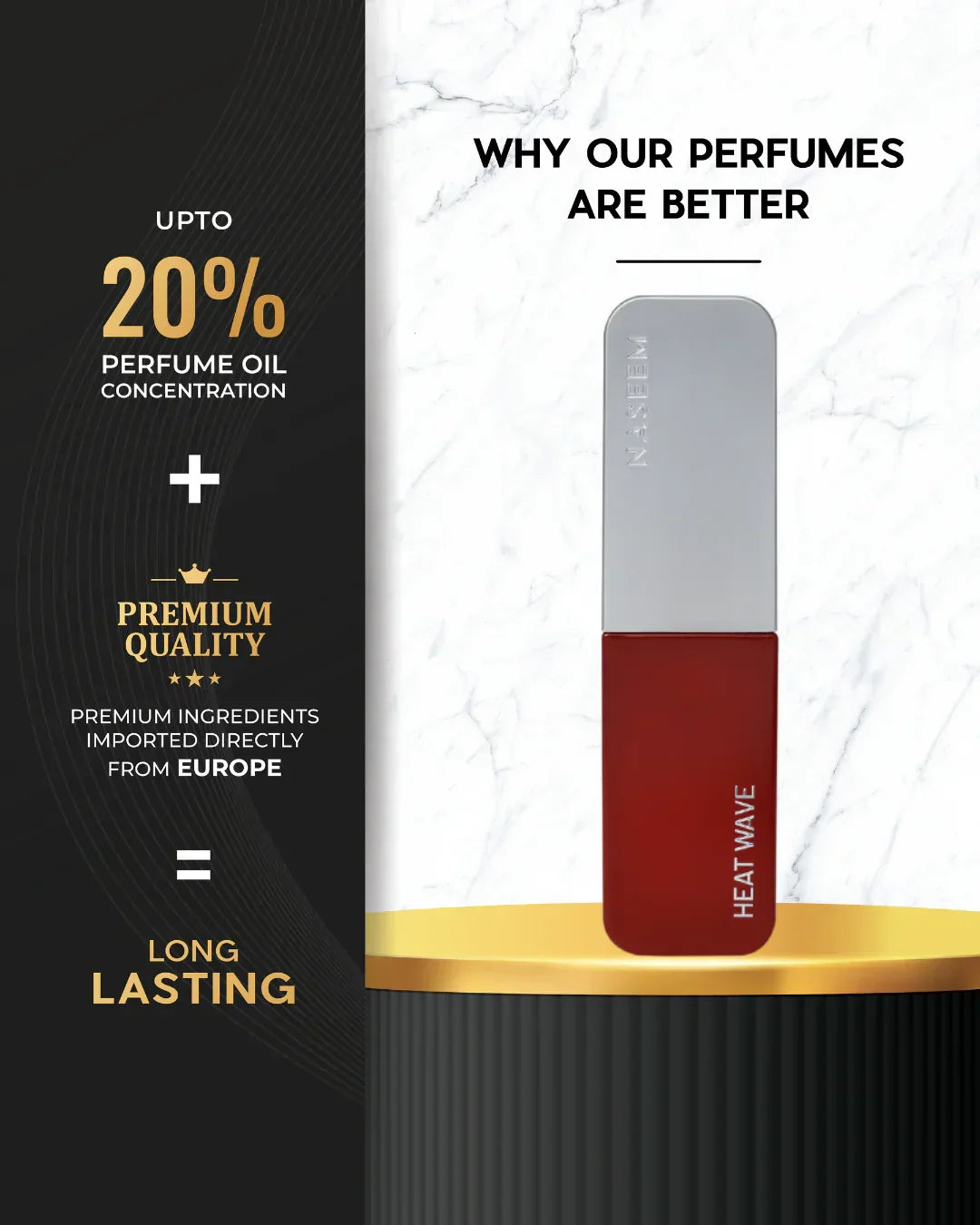 Royal Oud premium Heat Wave perfume bottle on marble background with benefits listed: up to 20% oil, long-lasting, premium European ingredients.