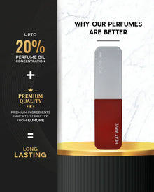Heat Wave perfume bottle with sleek design, highlighting up to 20% perfume oil concentration, premium quality, and long-lasting fragrance.