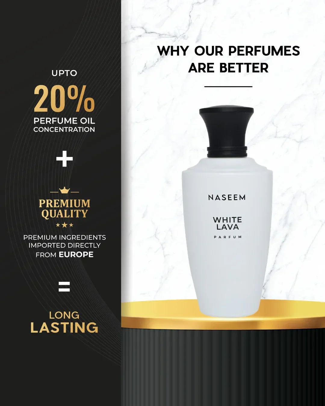 Naseem White Lava parfum bottle with luxury oud perfume features, marble background, gold accents