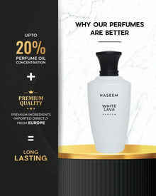 Naseem White Lava parfum bottle with luxury oud perfume features, marble background, gold accents
