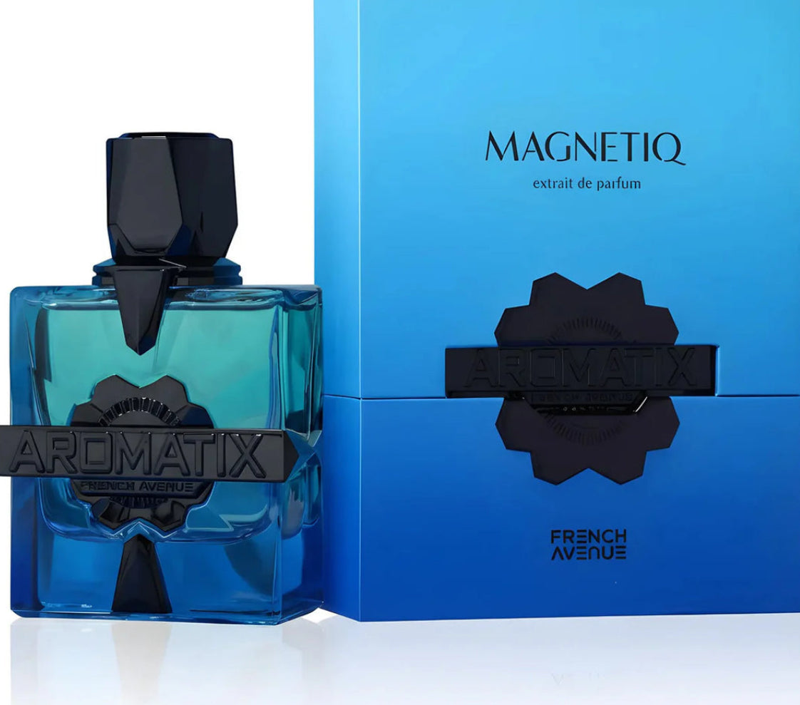 Blue Aromatix perfume bottle and packaging on a white background