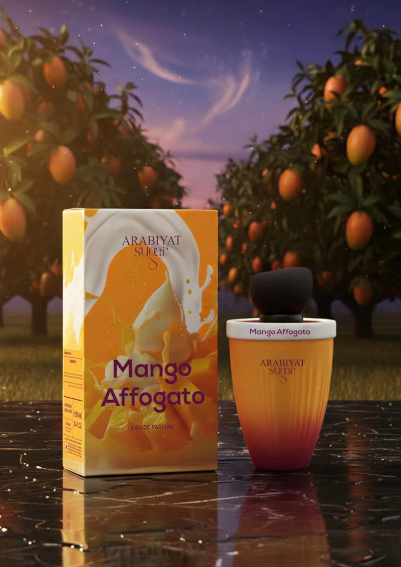 Arabiyat Mango Affogato coffee packaging with mango trees in the background