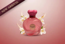 Elegant pink Blush Moire perfume bottle with floral accents on a soft pink background, new arrival.