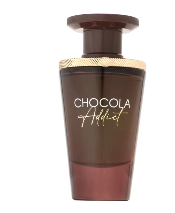 Brown perfume bottle labeled 'Chocola Addict' on a white background
