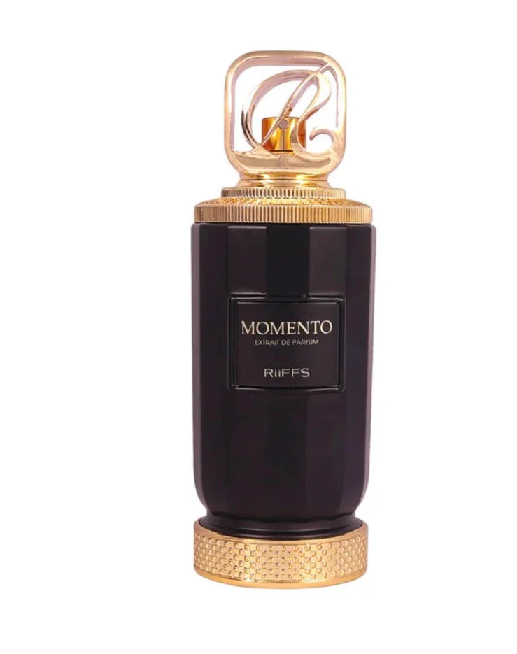 Luxury black and gold Momento Riiffs Arabian oud perfume bottle, Royal Oud collection