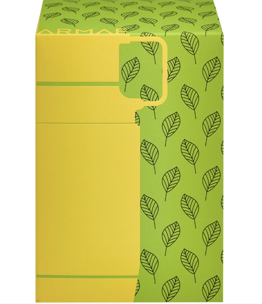 Green and yellow perfume box with black leaf pattern, modern Arabian oud packaging