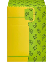Green and yellow perfume box with black leaf pattern, modern Arabian oud packaging