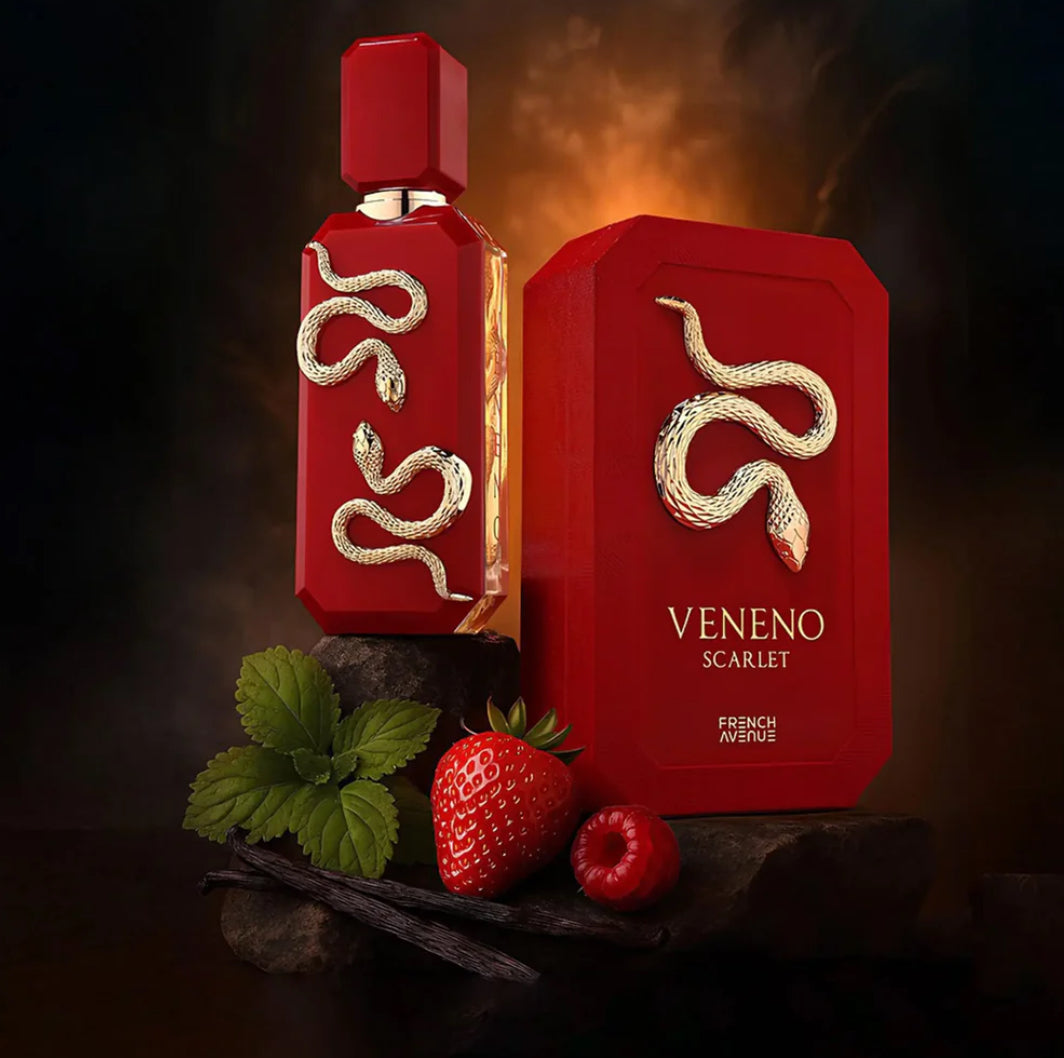 Red 'Veneno Scarlet' perfume bottle and packaging with snake design on a dark background