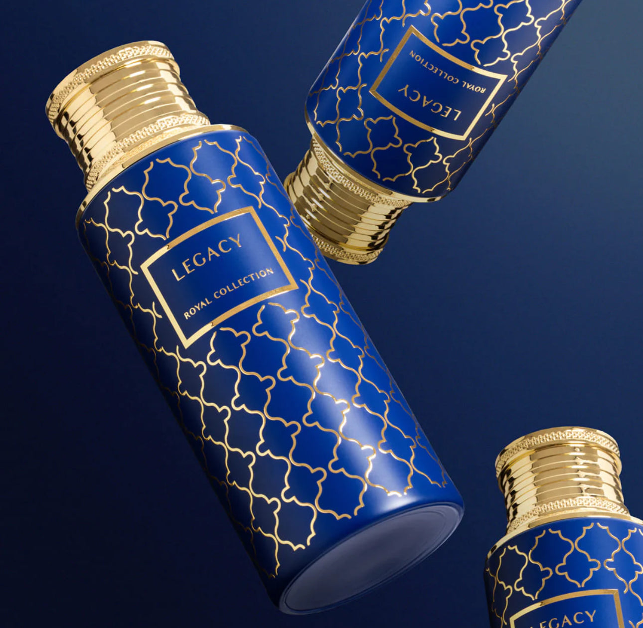 Blue and gold Arabian oud perfume bottles with elegant geometric pattern and gold caps