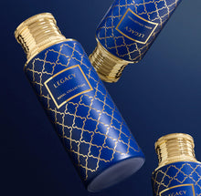 Blue and gold Arabian oud perfume bottles with elegant geometric pattern and gold caps