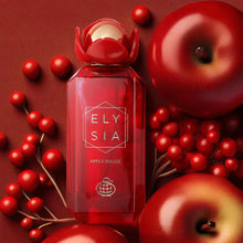 Red Elysia Apple Rouge perfume bottle surrounded by apples and red berries on a red background.