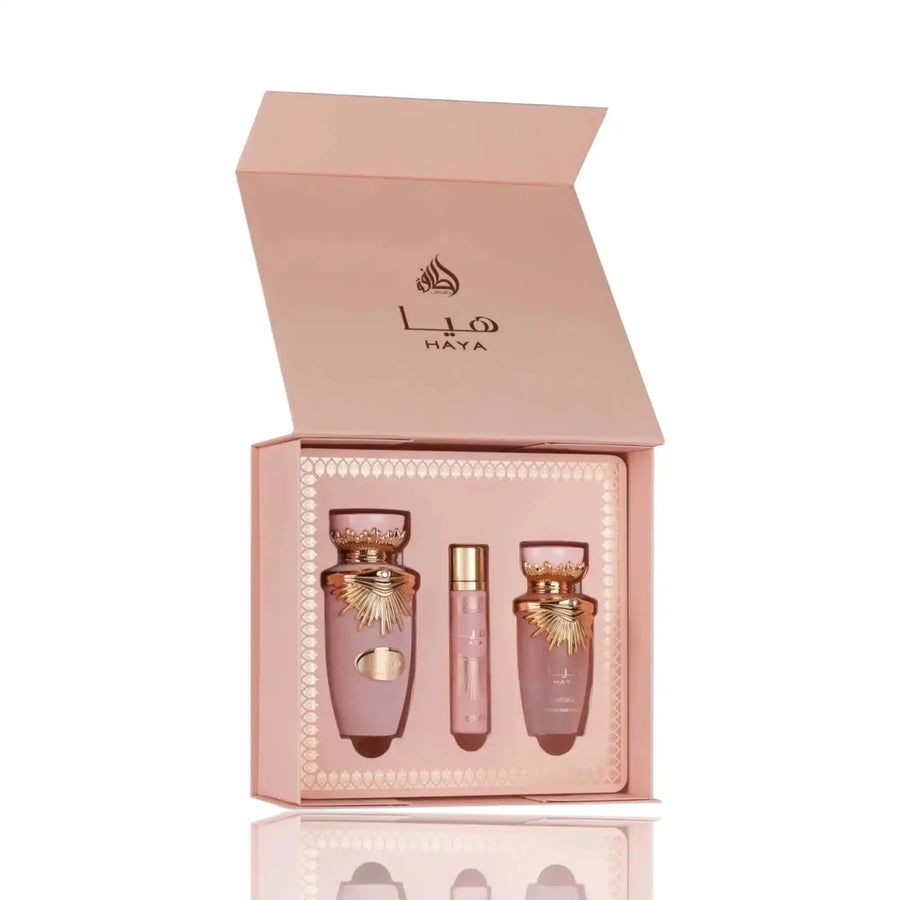 Lattafa Haya Gift Set - 100ml Eau de Parfum, 12ml Travel Spray & 50ml Hair Mist