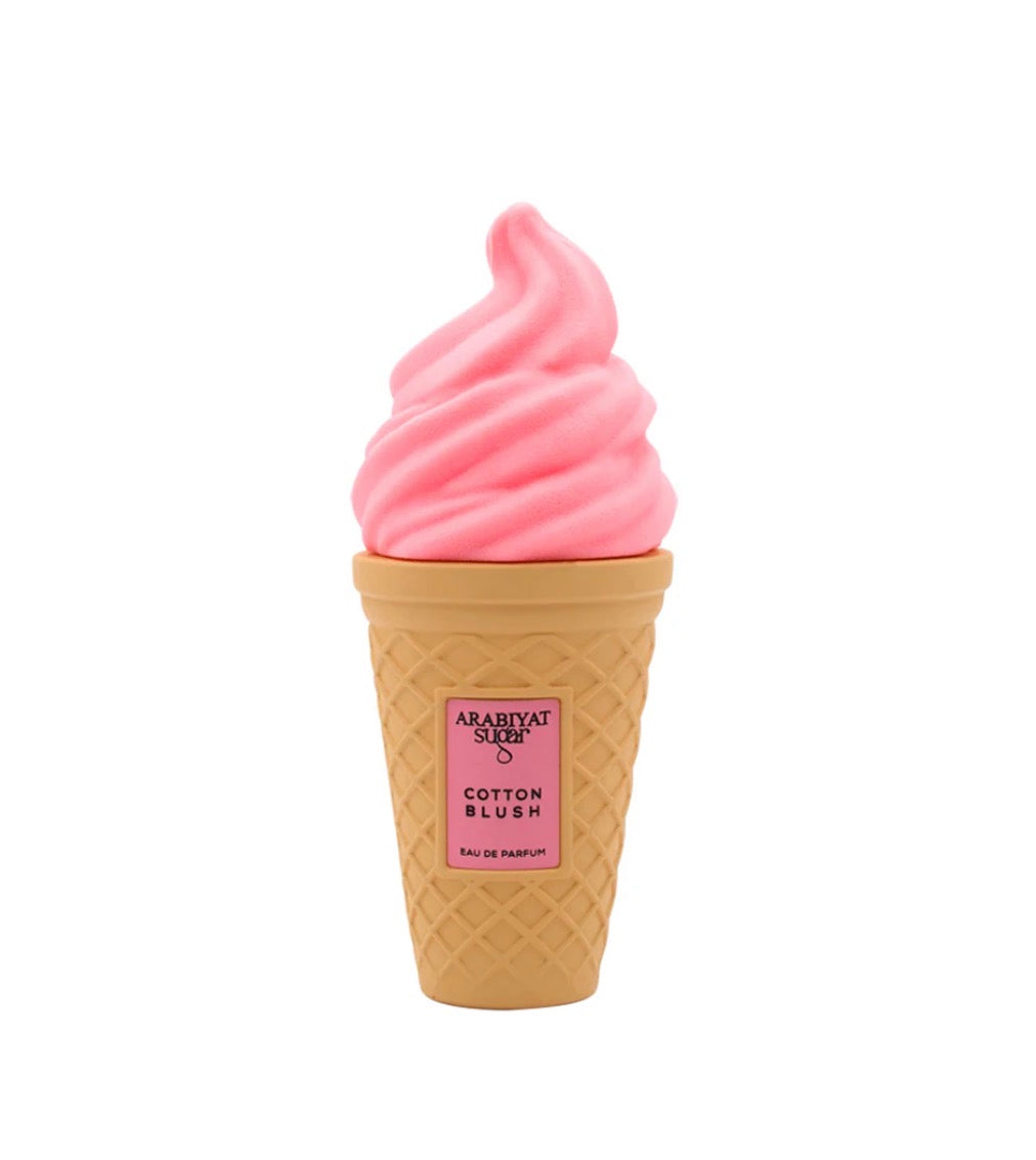 Pink ice cream cone-shaped perfume bottle with 'Arabiyat' label on a white background