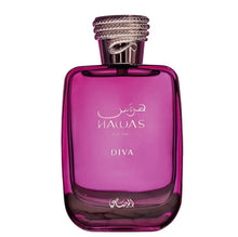 Pink Hawas Diva For Her perfume bottle with silver cap, Arabian fragrance, white background
