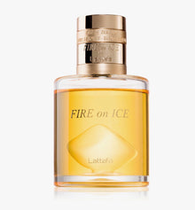 Perfume bottle labeled 'Fire on Ice' by Lattafa on a white background