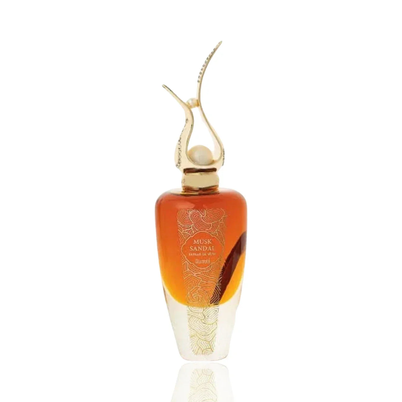Elegant glass bottle of Musk Sandal Arabian oud perfume with gold decorative cap